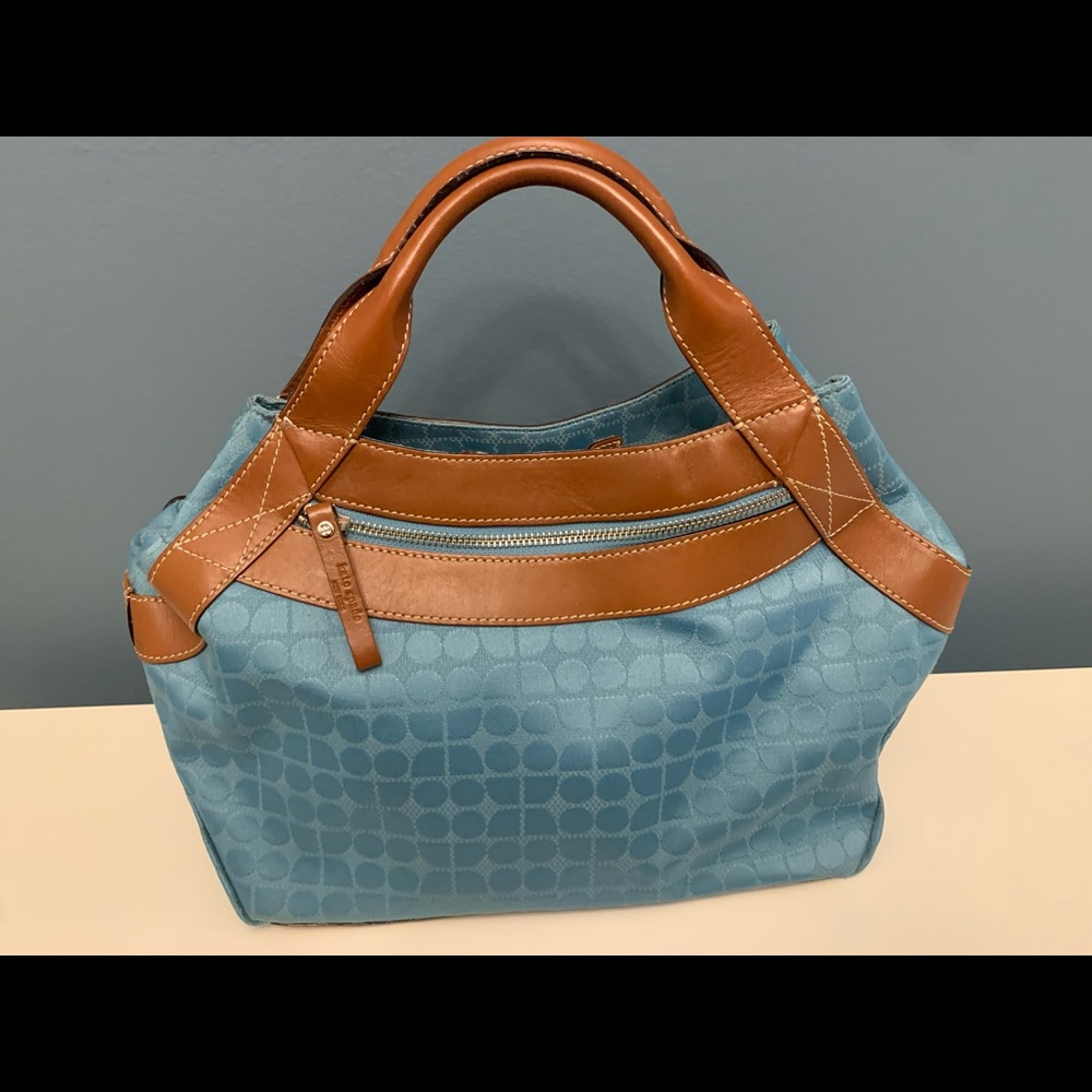Kate Spade Blue Cloth Bag with Signature Pattern and Tan Leather Handles